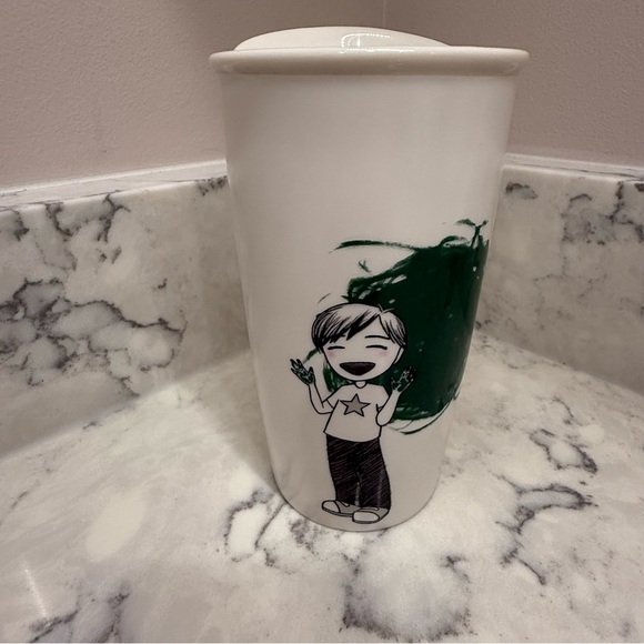 Starbucks Dot Collect Green Finger Paint anime Boy Ceramic Travel Tumbler 2015 - Picture 1 of 11
